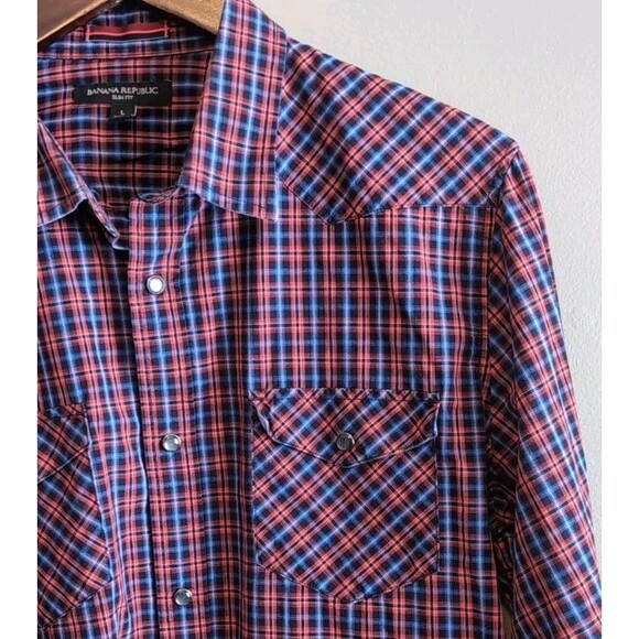 Banana Republic Size Large Plaid Western Shirt Men's Red Blue Snap Slim Fit LS - Picture 3 of 6